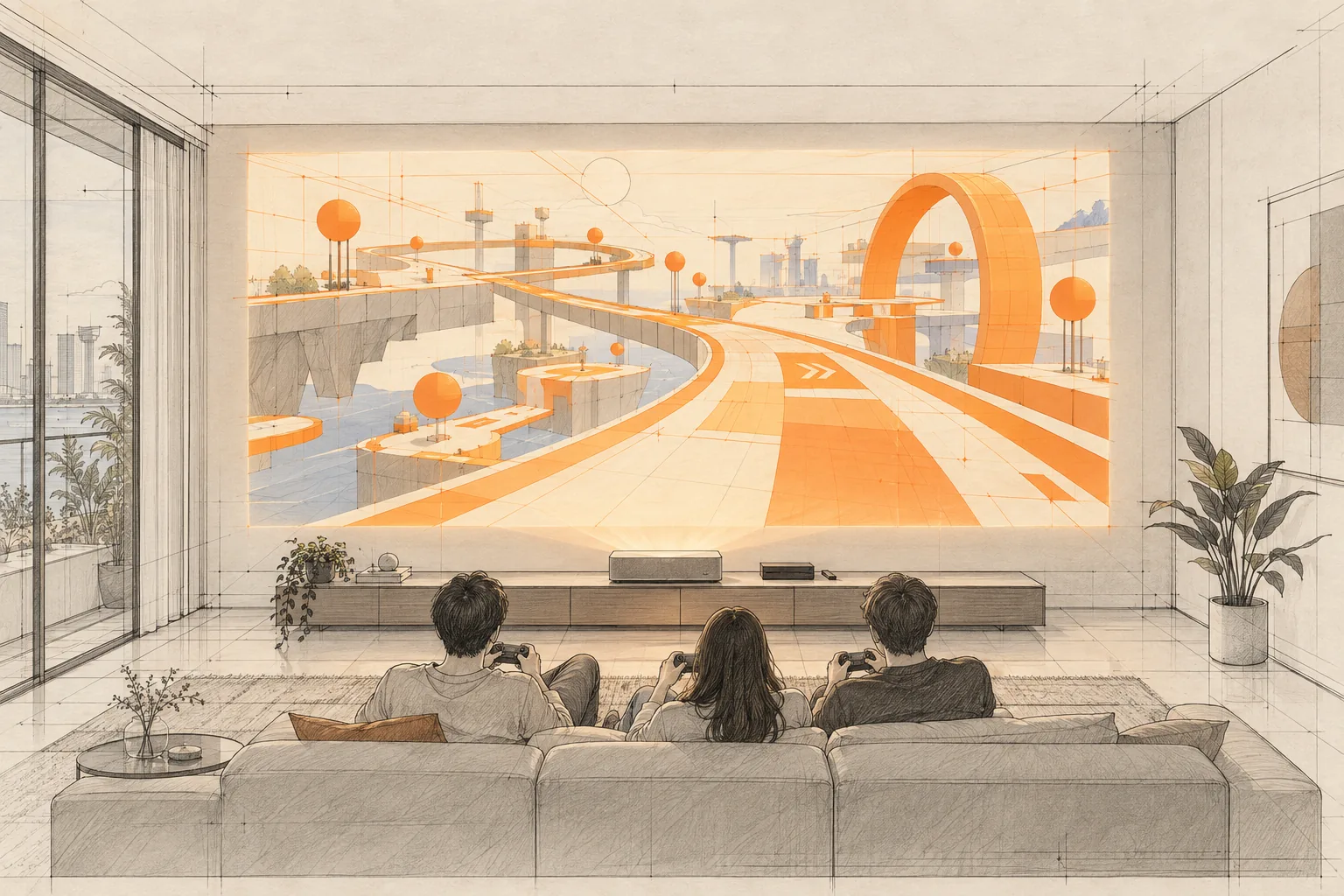 Drafting-style illustration of three people on a sofa playing a video game projected across a living-room wall