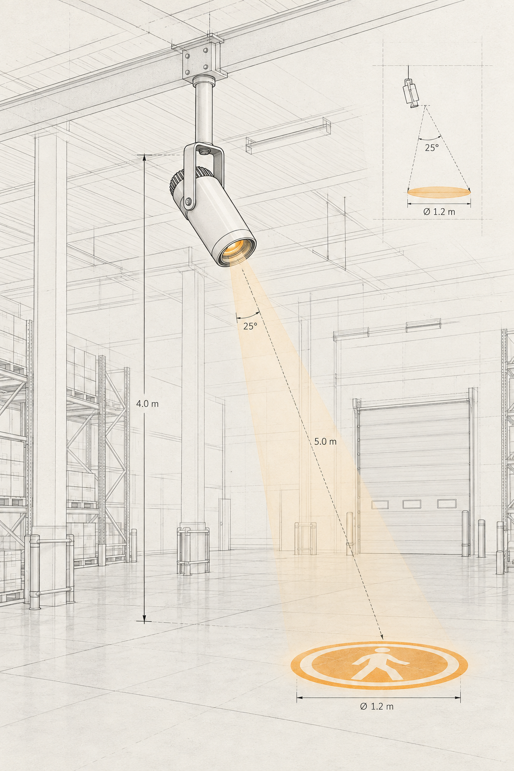 Pale architectural illustration of a ceiling-mounted gobo light projecting a pedestrian safety symbol in a warehouse.