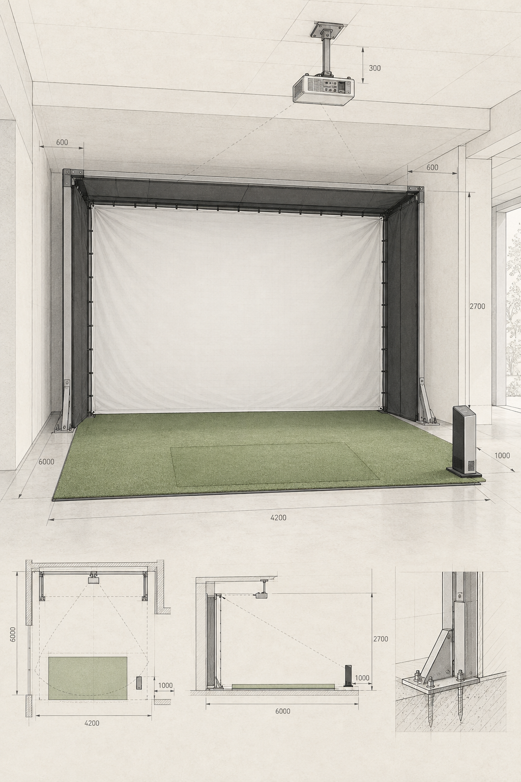 Pale architectural illustration of an indoor golf simulator bay with an impact screen, ceiling projector and launch monitor.