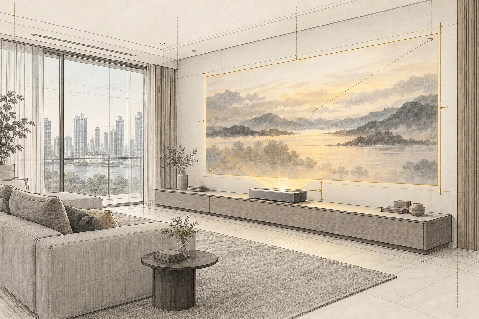 Drafting-style illustration of a living room with a projector on a low console throwing a large picture onto the wall