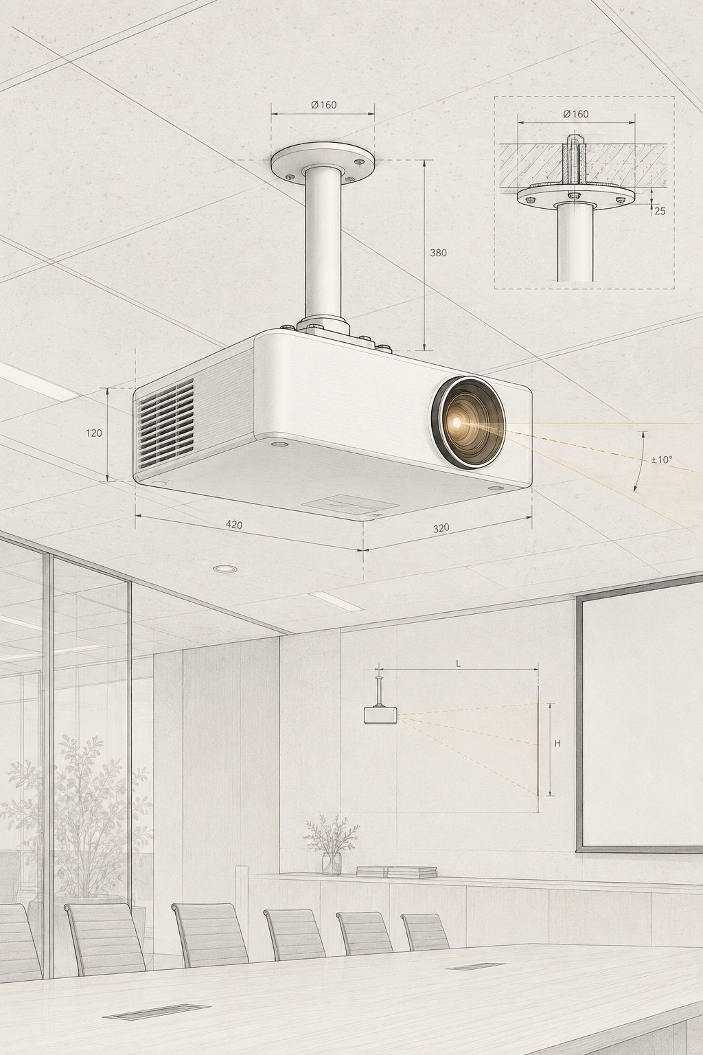 Pale architectural illustration of a ceiling-mounted laser projector.