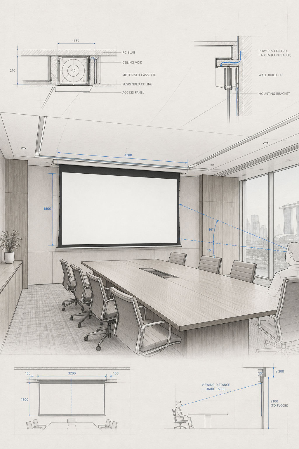 Pale architectural illustration of a roller projection screen in a boardroom.