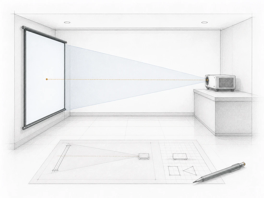 Architectural throw calculation field sheet showing screen surface, projector lens position and a room-specific optical path.
