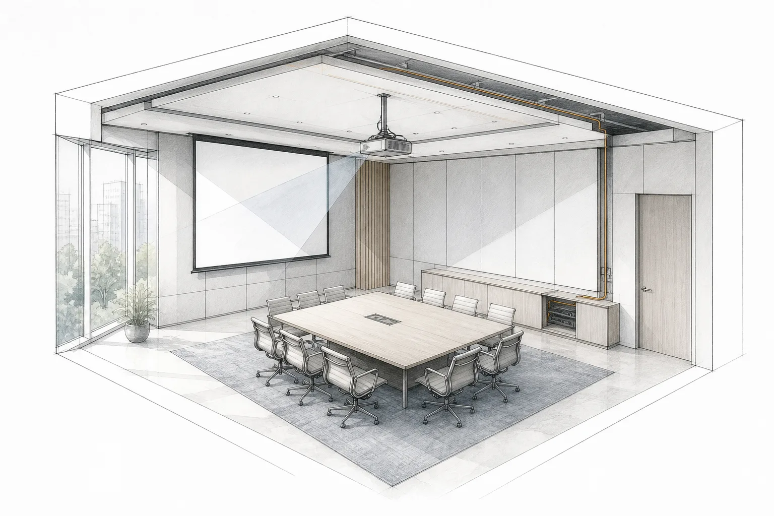 Architectural room survey showing a boardroom with projection screen, ceiling projector, light entering from glazing, sightlines, mounting and a visible service route.