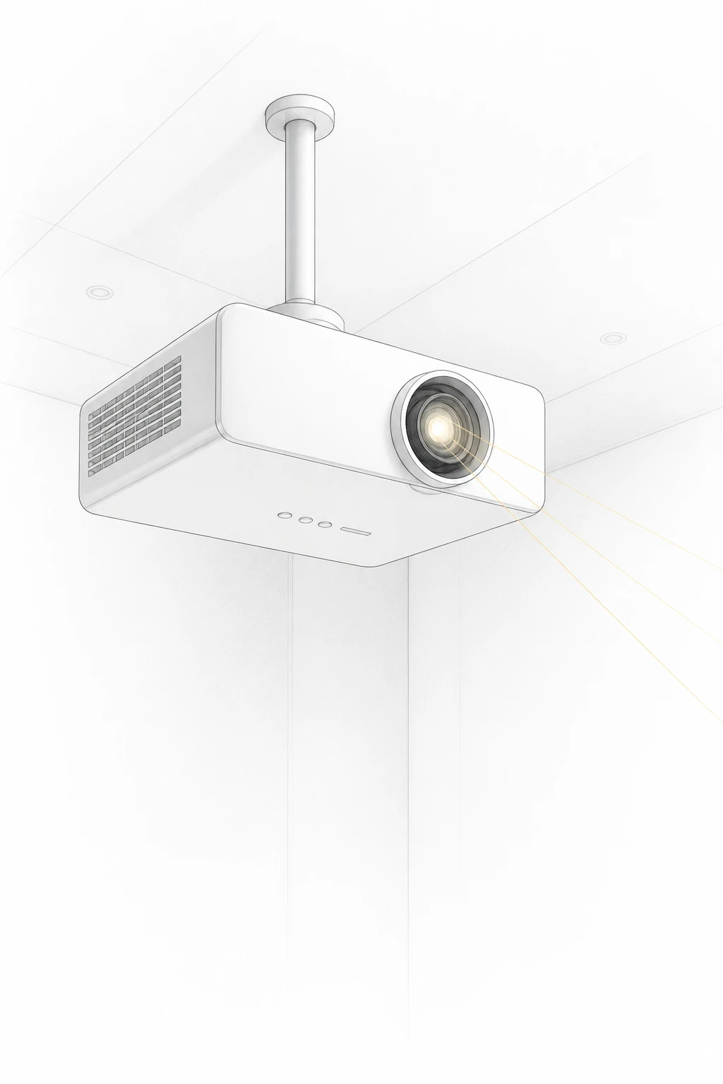 Pale architectural illustration of a ceiling-mounted laser projector.