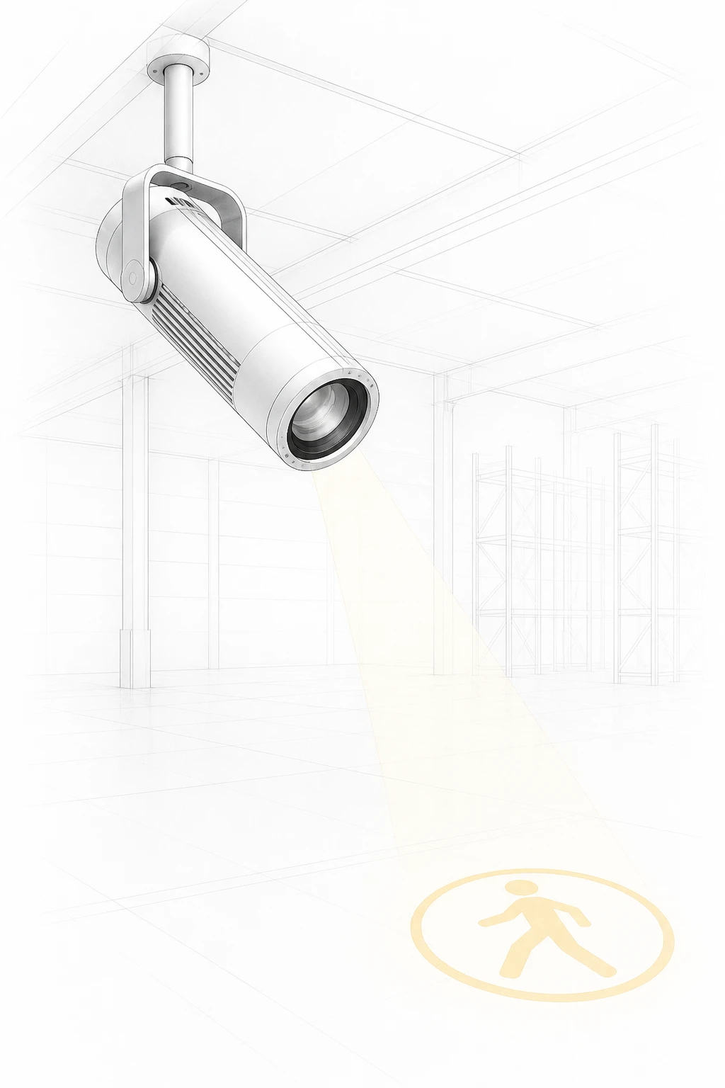 Pale architectural illustration of a ceiling-mounted gobo light projecting a pedestrian safety symbol in a warehouse.
