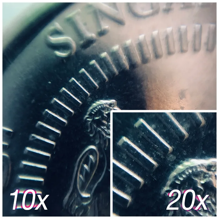 A ten-cent coin photographed at the same magnification as the fabric samples